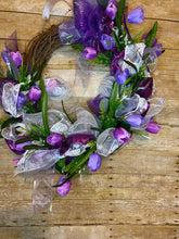 Load image into Gallery viewer, Purple with White ribbon and Purple flowers wreath.jpg