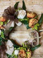 Load image into Gallery viewer, Grapevine Wreath With Brown And Cream Flowers.jpg