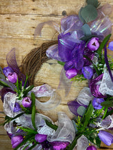 Load image into Gallery viewer, Purple with White ribbon and Purple flowers wreath.jpg