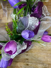 Load image into Gallery viewer, Purple with White ribbon and Purple flowers wreath.jpg