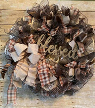 Load image into Gallery viewer, blessed-wreath-brown-plaid-cream-jpg
