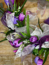 Load image into Gallery viewer, Purple with White ribbon and Purple flowers wreath.jpg
