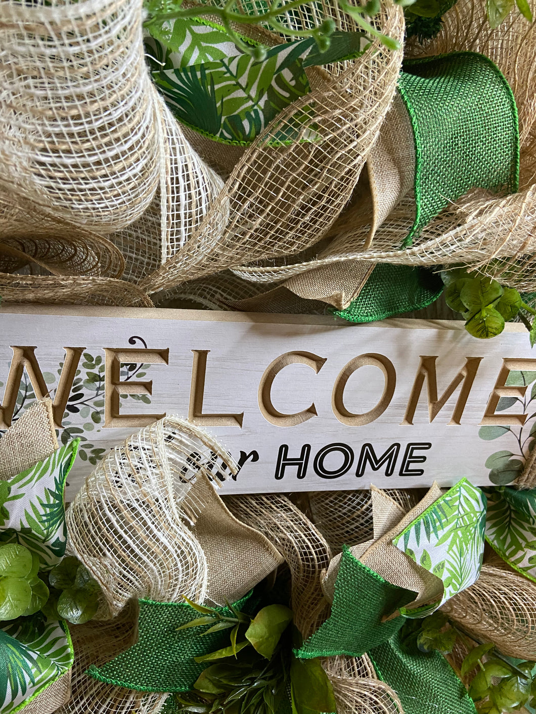 Welcome to our Home wreath- Green and Cream- Ready to Ship